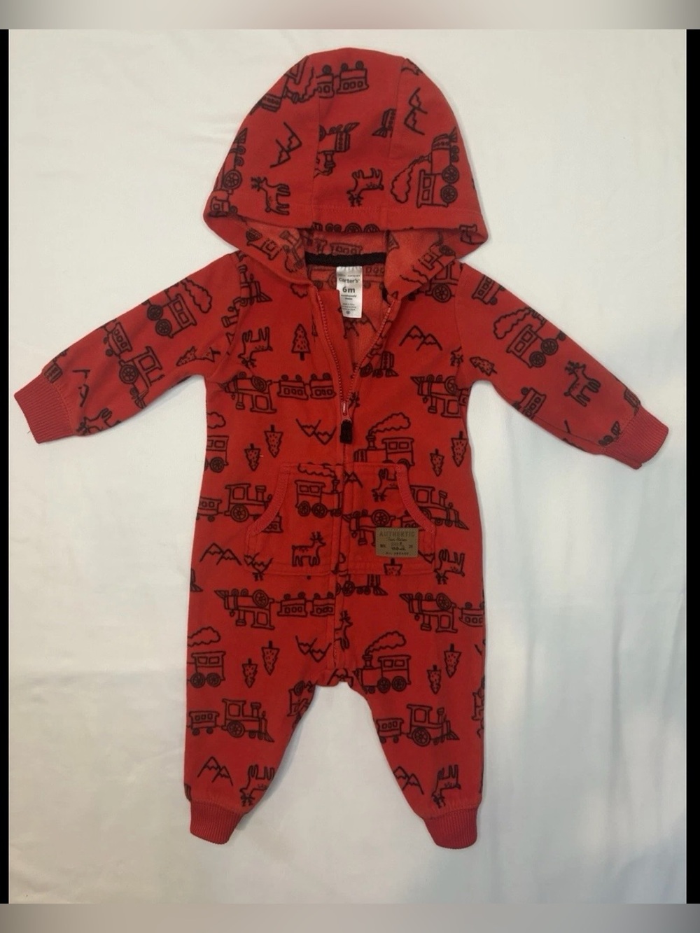 Carter's Fleece Hooded Zip Up One-Piece Coverall Train Print 6 Months Red/Black